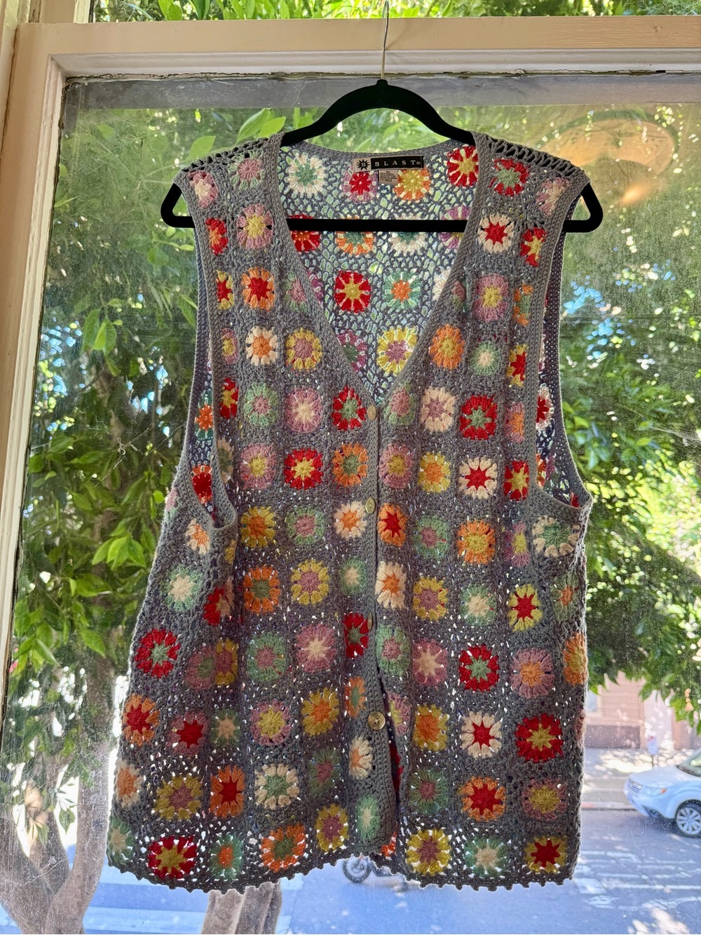 Crochet Granny Square Button Vest - Blue with Multicolor Flowers